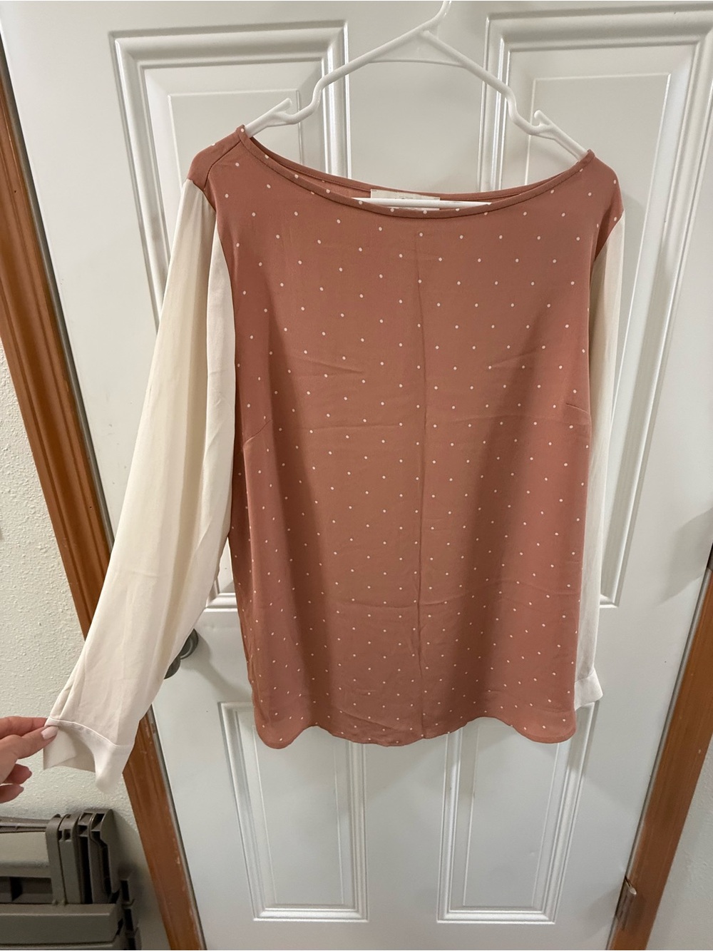 Women’s Two-Tone Polka Dot Blouse - Cream Sleeves, Dusty Rose Body, Loft
